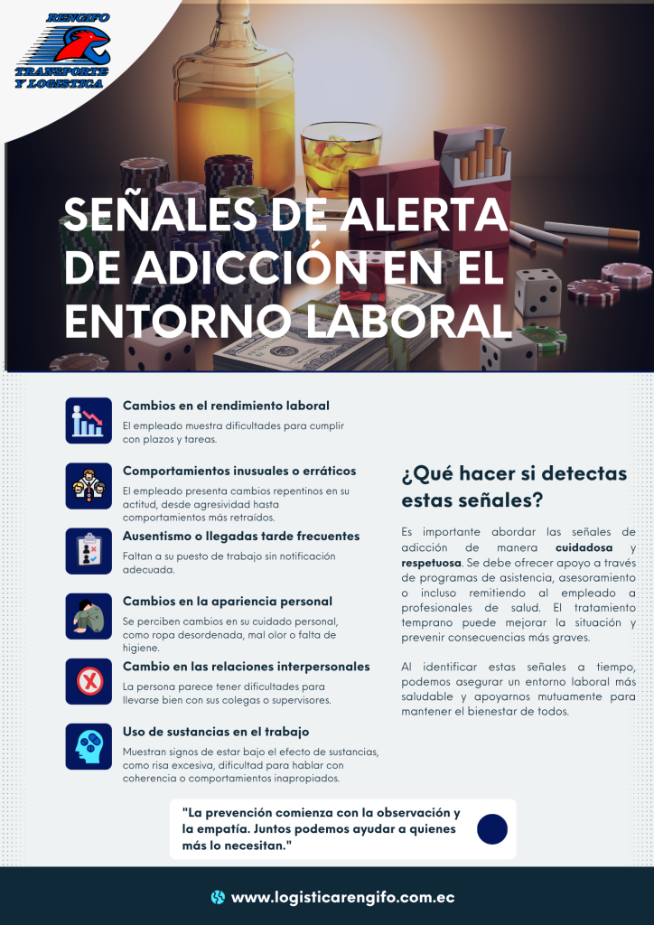 Infografia sobre cuales son las señales de alerta de adicción en el entorno laboral.