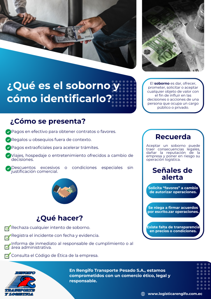 El soborno es dar, ofrecer, prometer, solicitar o aceptar cualquier objeto de valor con el fin de influir en las decisiones o acciones de una persona que ocupa un cargo público o privado.